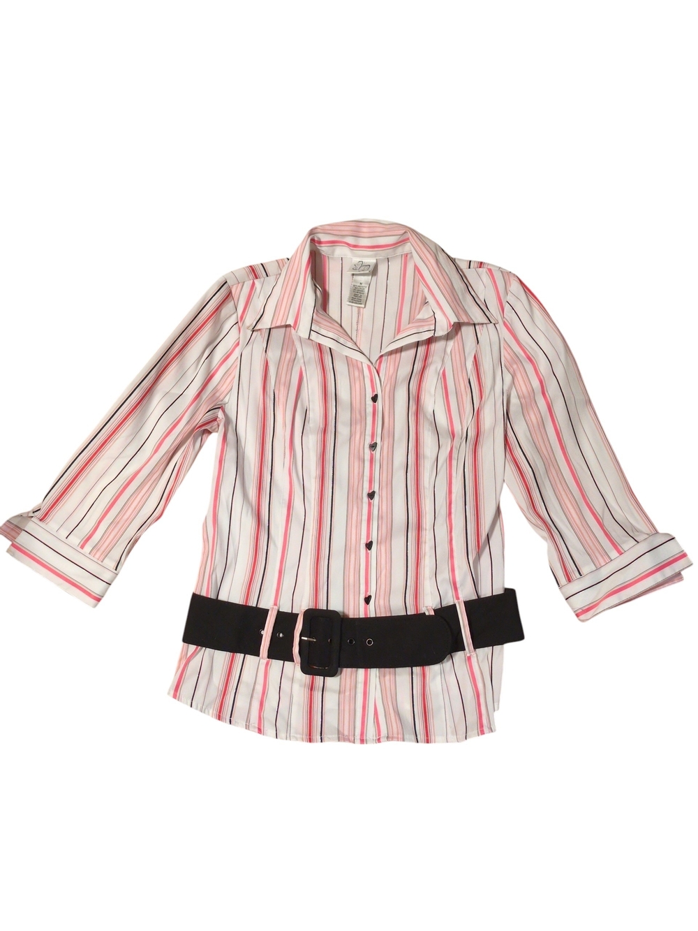 Fashion Bug Y2K Pink White Striped Button Down 3/4 Sleeve w/Belt Size M